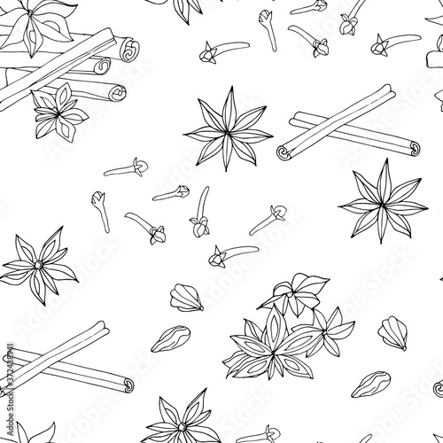 Black and white coffee seamless pattern. Vector cinnamon sticks, cloves and anise on a white background for bars and cafes.