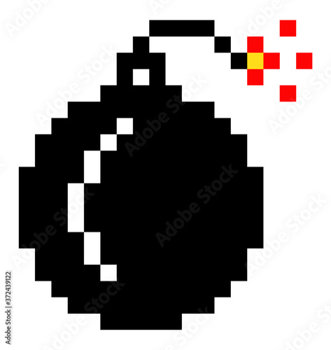 Pixel art style isolated vector bomb for retro game. Black round core with a wick that burns. Simple 8bit bomb black icon, old videogame bang, detonate, warning error. isolated on white background