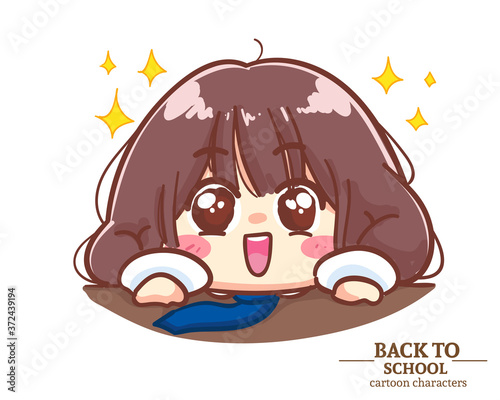 Cute Girl children student uniforms cling to the edge of the table gladly back to school. Cartoon illustration Premium Vector