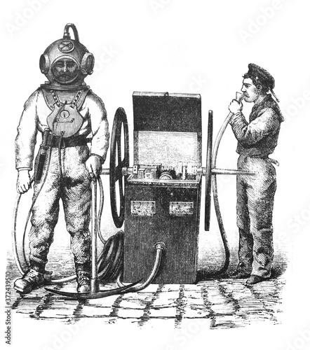 Vintage diver in suit in the old book Encyclopedia by I.E. Andrievsky, vol. 6A, S. Petersburg, 1892 photo