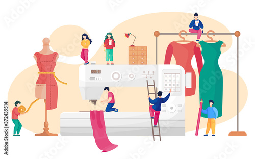 Sewing workshop with designers at sewing machine background. Sewer at ladder press button at machine. Vector illustration of sewers work in atelier, mannequin with unfinished dress, rack with dresses