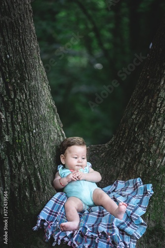Baby girl on picnic blanket over tree at park