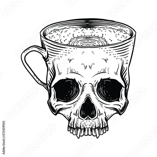 tattoo and t-shirt design black and white hand drawn  skull mug coffee cup premium vector