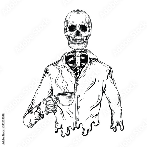 tattoo and t-shirt design black and white hand drawn  skeleton drink coffee premium vector