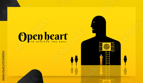 Human open heart to achieve to goal concept, businessman standing in front