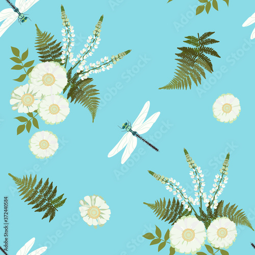 Seamless vector illustration with daisy, lupine flowers and dragonflies