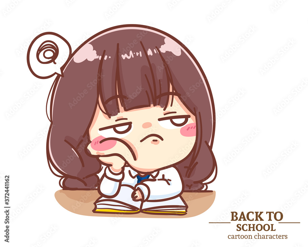Cute Girl children student uniforms Tired of reading books back to school. Cartoon illustration Premium Vector