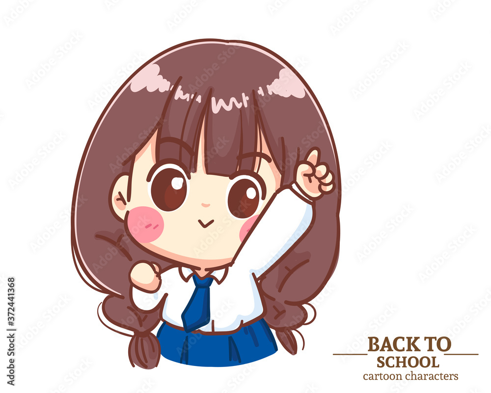Cute Girl children student uniforms Raise Her Hand And Pointing Finger Up back to school. Cartoon illustration Premium Vector