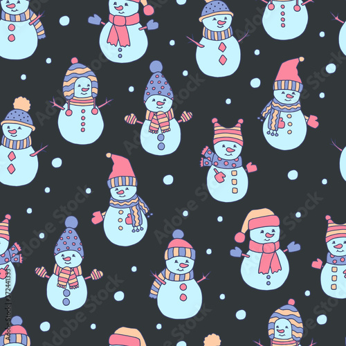 Vector seamless pattern with hand drawn snowmen and snowballs on a dark night background