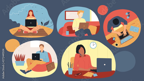 Fototapeta Naklejka Na Ścianę i Meble -  Freelance Work, Remote Job And Self-Employment Concept. Set Of Busy Freelancers Handsome People Men And Women Working On Laptops From Different Places. Cartoon Linear Outline Flat Vector Illustration