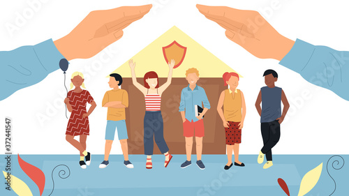 Concept Of Children s Day, Protection Of Kids, Health Insurance And Childhood. Group Of Happy Kids Or Teens Standing Together, Big Hands Covering Them Above. Cartoon Flat Style. Vector Illustration
