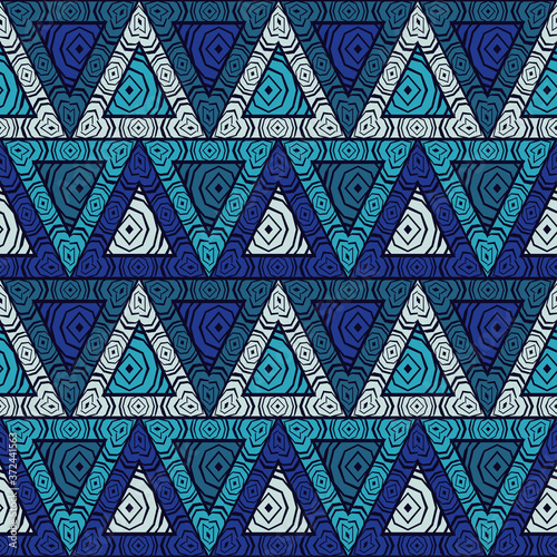 Roses. Mosaic with geometric shapes. Seamless pattern. Design with manual hatching. Textile. Ethnic boho ornament. Vector illustration for web design or print.