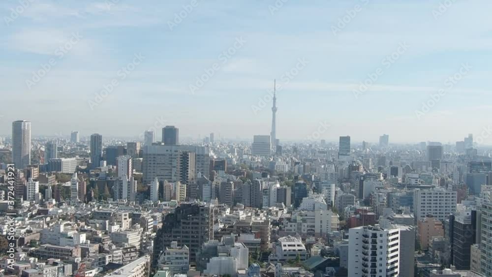 The skyline of tokyo, view through a panoramic window. Tokyo Skytree and the skyline, hand-held wide angle The skyline of tokyo, view through a panoramic window. Tokyo Skytree and the skyline, hand-held wide angle