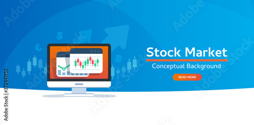 Web banner template for stock exchange market concepts. Stocks market graph chart on computer screen.Technical analysis candlestick chart. Forex trading concept. Trading strategy. Vector illustration