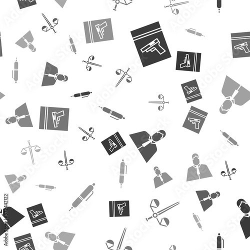 Set Evidence bag and pistol or gun, Scales of justice, Lawyer, attorney, jurist and Pen on seamless pattern. Vector.