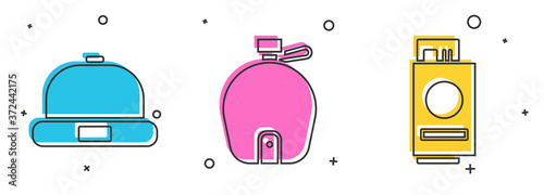 Set Beanie hat, Canteen water bottle and Passport with ticket icon. Vector.