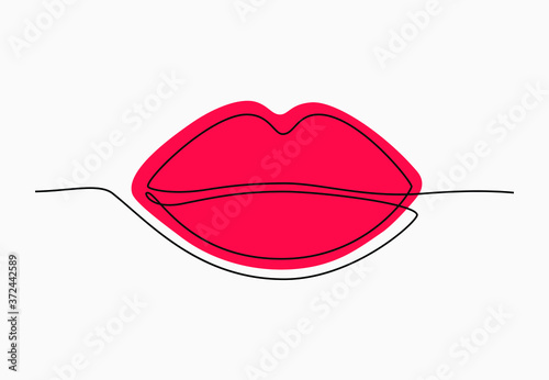 Continuous one line drawing of lips. Woman red lips logo for makeup. Minimalistic vector illustration for posters, cards, banner, template, design element, web