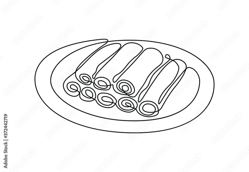 Сontinuous one line drawing of Chinese spring roll or Russian pancakes. Asian food cafe shop logo emblem, restaurant logotype template concept. Modern single line draw design vector illustration Сontinuous one line drawing of Chinese spring roll or Russian pancakes. Asian food cafe shop logo emblem, restaurant logotype template concept. Modern single line draw design vector illustration