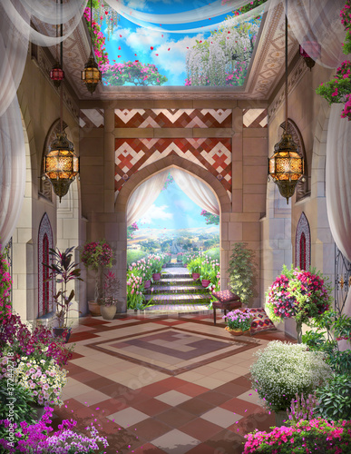 Beautiful Arabian arch with flowers, lanterns, desert views and tulips. Digital collage , mural and fresco. Wallpaper. Poster design. Modular panno.