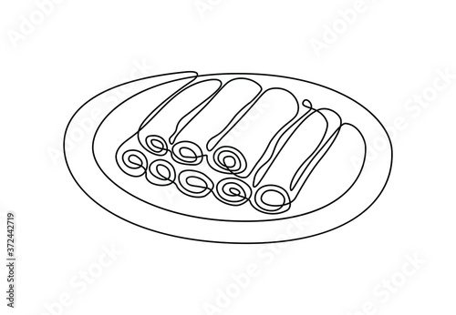 Сontinuous one line drawing of Chinese spring roll or Russian pancakes. Asian food cafe shop logo emblem, restaurant logotype template concept. Modern single line draw design vector illustration