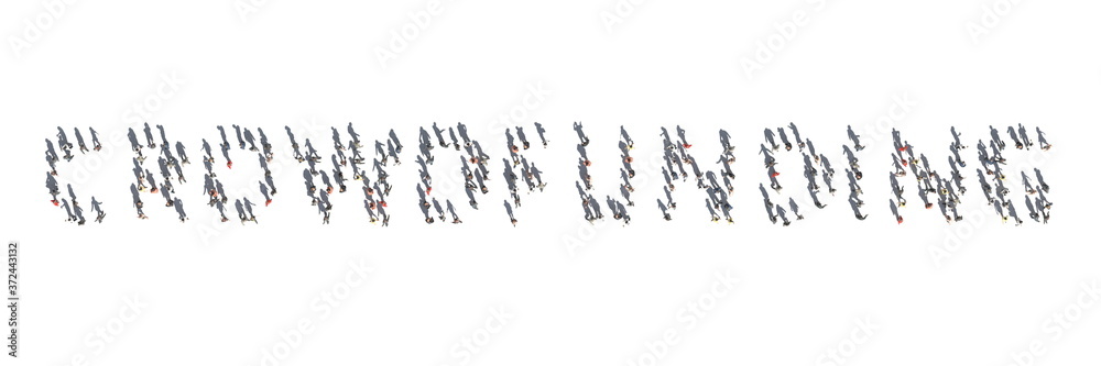 Aerial top view of people and their shadows making up CROWDFUNDING word. 3d rendering Aerial top view of people and their shadows making up CROWDFUNDING word. 3d rendering