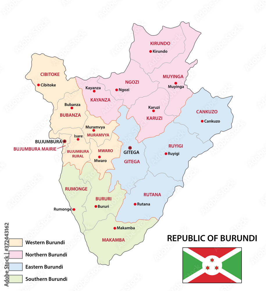 New administrative vector map of Burundi with flag