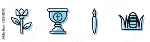 Set line Paint brush, Flower tulip, Christian chalice and Easter egg icon. Vector.