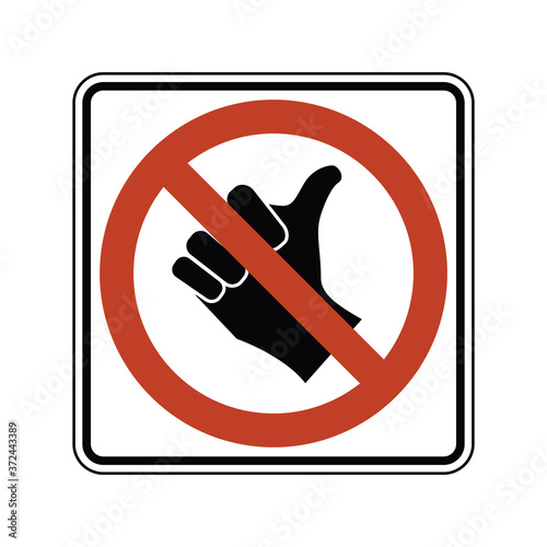 No hitchhiking road sign. Vector illustration of no hitch-hiking allowed traffic sign. Prohibit standing in roadway for the purpose of soliciting ride. Crossed hand in red restriction circle symbol. 