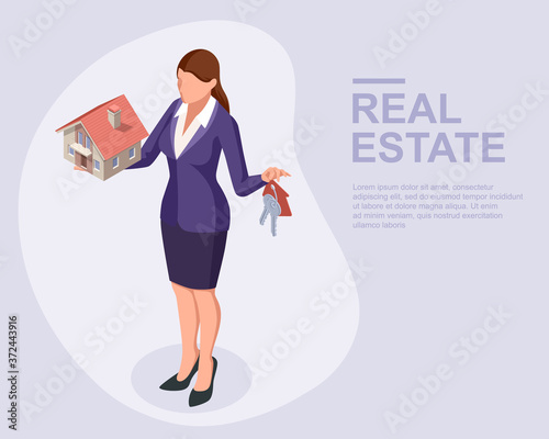 Isometric real estate agent with house model and keys. Buying, selling or renting real estate