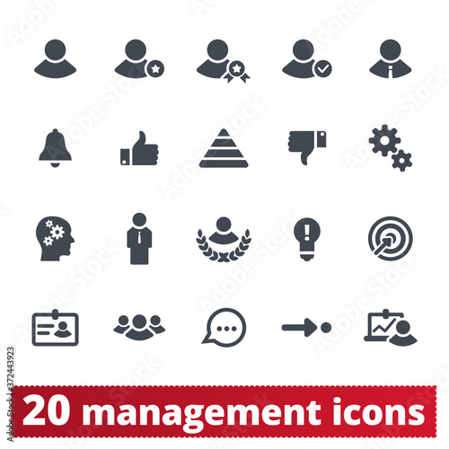 Fototapeta Naklejka Na Ścianę i Meble -  Management, teamwork, achieving goals icons vector icons set. Business, communication, presentation, human resources and users pictograms. Isolated on white background.