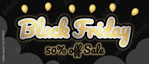 "Black Friday" banner, editable bottom text. Big bold stroke style text. Editable removable background. Gold and silver script on black, in sky with clouds and balloons. Vector Illustration.