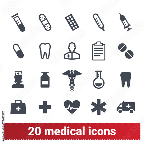 Medicine and health care vector icons set. Medical services, ambulance, diagnostic equipment, pharmacology, reanimation symbols. User interface icons for web, mobile apps isolated on white background.