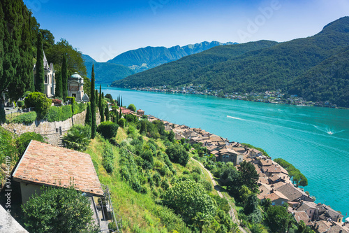 View of the Lugano lake from Morcote hills, Ticino, Switzerland. photo