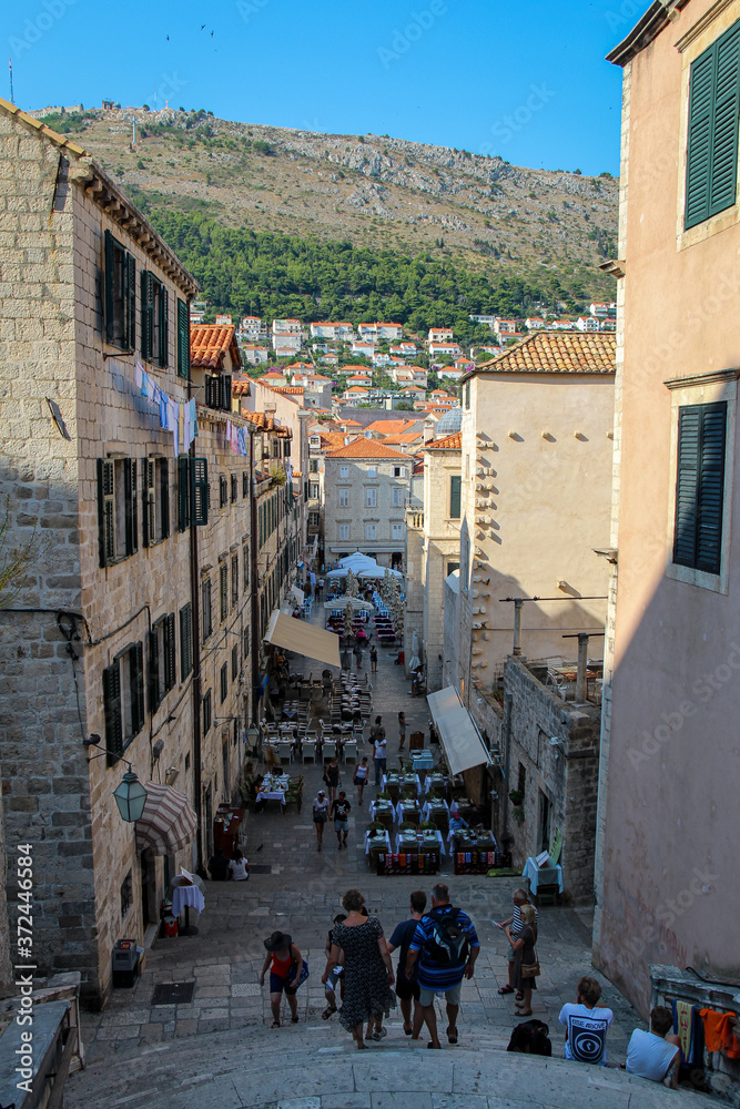 A view down a street into the Square in Dubrovnik's old town from the town walls