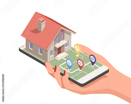 A real estate agent offers a home for rent, purchase or rent. Online real estate search. Isometric illustration Buying, selling or renting real estate