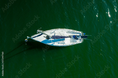 Aerial view from sailboat on the water, top view