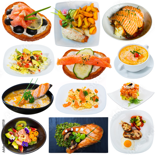 Collage of different tempting dishes cooked with salmon isolated on white background..