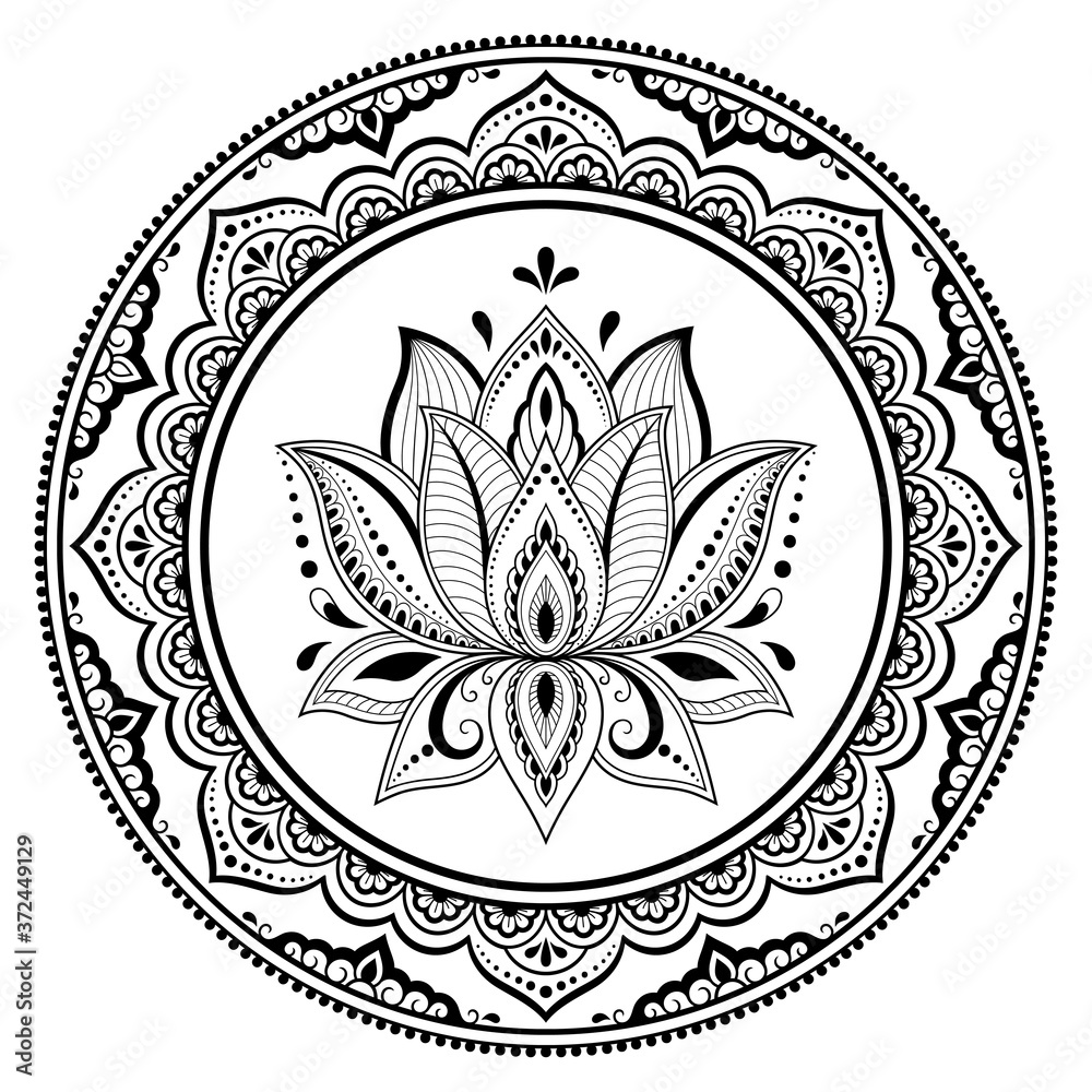 Circular pattern in form of mandala with lotus flower for Henna, Mehndi, tattoo, decoration. Decorative ornament in ethnic oriental style. Outline doodle hand draw vector illustration.