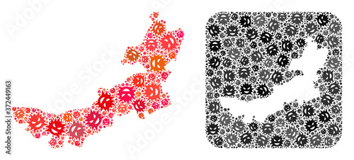 Infection virus map of Inner Mongolia mosaic formed with rounded square and subtracted space. Vector map of Inner Mongolia mosaic of infection virus particles in variable sizes and shades.