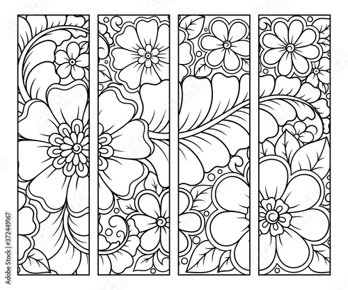 Bookmark for book - coloring. Set of black and white labels with floral doodle patterns, hand draw in mehndi style. Sketch of ornaments for creativity of children and adults with colored pencils.