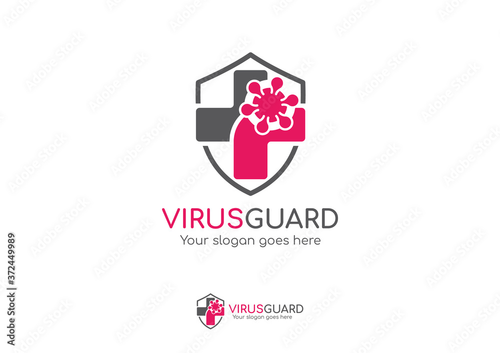 Virus Shield Logo. virus in a medical sign with shield symbol