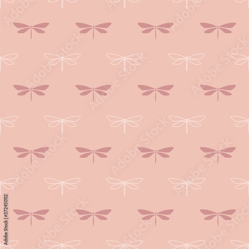 Seamless repeat pattern with dragonflies . Vector pattern repeating background with pink and nude colors and dragonfly elements.