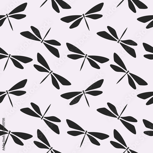 seamless repeat pattern with dragonflies  black dragonfly silhouette vector design with light grey background 