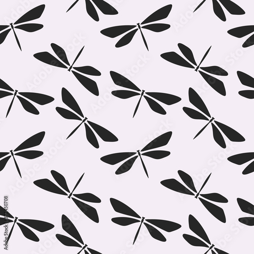 seamless repeat pattern with dragonflies, black dragonfly silhouette vector design with light grey background 