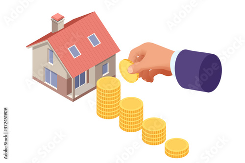 Isometric real estate agent with house model and keys. Buying, selling or renting real estate