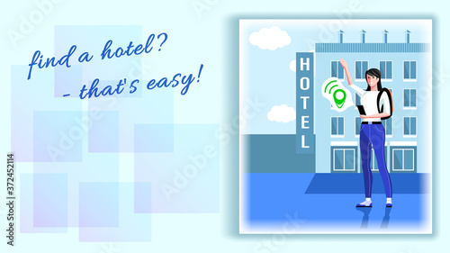 Young woman searches for a hotel using a navigator on her smartphone