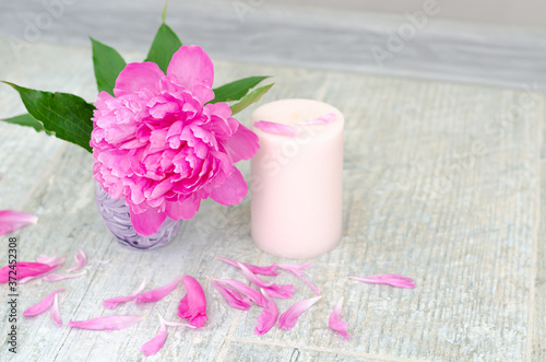 Beautiful pink peony flowers and white candle on light grey stone background with copy space for your text top view. Greeting card  SPA and romantic concept.