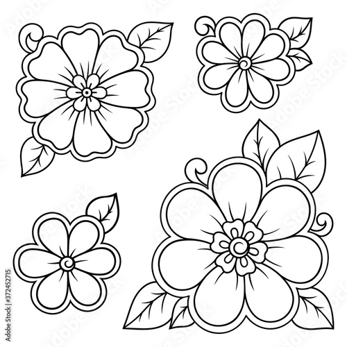 Set of Mehndi flower pattern for Henna drawing and tattoo. Decoration in ethnic oriental  Indian style. Doodle ornament. Outline hand draw vector illustration.