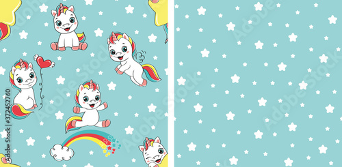 Set seamless pattern with happy unicorns and stars on blue background. Design for kids