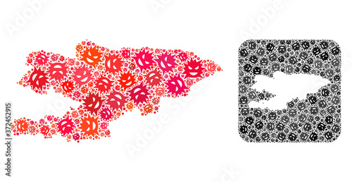 Flu virus map of Kyrgyzstan collage designed with rounded square and carved shape. Vector map of Kyrgyzstan collage of infection virus parts in various sizes and color tints. photo